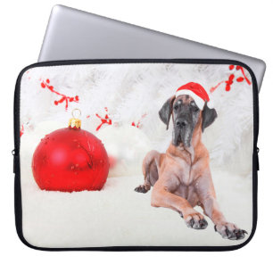 Grote Deen Hond Pet Vrolijk Kerstmis Rood Ornament Laptop Sleeve