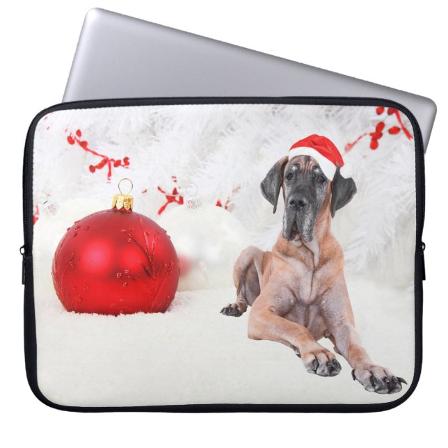 Grote Deen Hond Pet Vrolijk Kerstmis Rood Ornament Laptop Sleeve (Voorkant)