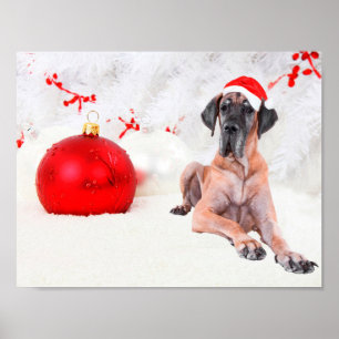 Grote Deen Hond Pet Vrolijk Kerstmis Rood Ornament Poster