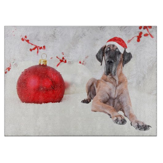 Grote Deen Hond Pet Vrolijk Kerstmis Rood Ornament Snijplank (Voorkant)