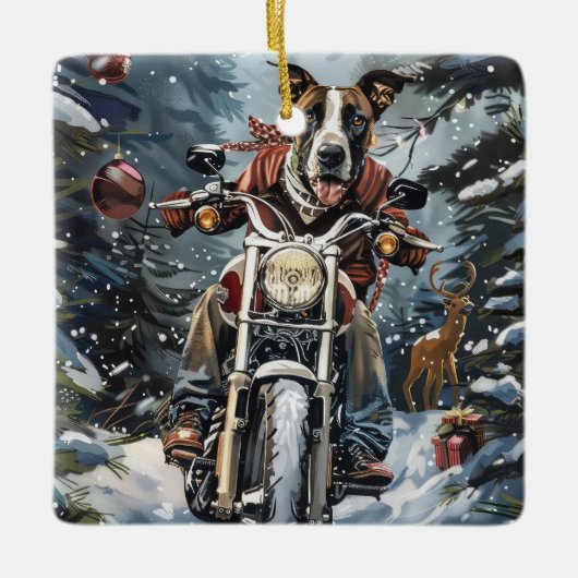 Grote Deen Hond Rijden Motorfiets Kerstmis Keramisch Ornament (Voorkant)