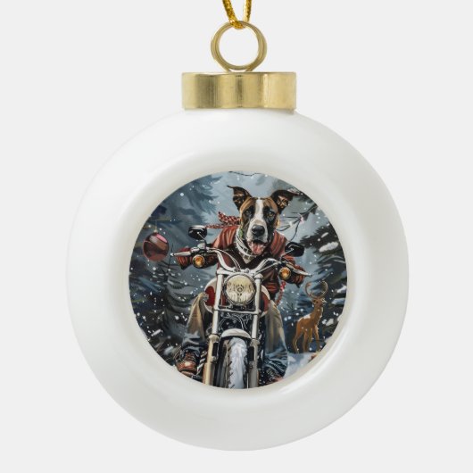 Grote Deen Hond Rijden Motorfiets Kerstmis Keramische Bal Ornament (Voorkant)