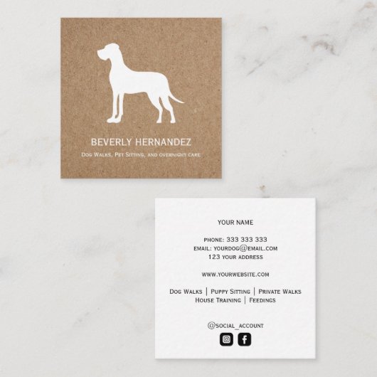 Grote Deen Hond Walker Trainer Puppy zittend KRAFT Vierkante Visitekaartje (Voorkant / Achterkant)