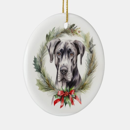 Grote Deen Kerstkrans Feestelijke Pup Keramisch Ornament (Rechts)