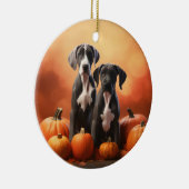 Grote Deen Puppy Herfst Delight Pompoen Keramisch Ornament (Rechts)