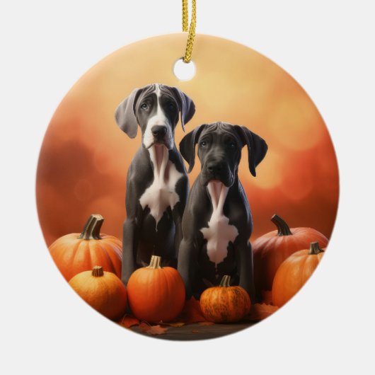 Grote Deen Puppy Herfst Delight Pompoen Keramisch Ornament (Voorkant)