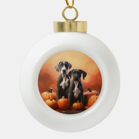 Grote Deen Puppy Herfst Delight Pompoen Keramische Bal Ornament (Voorkant)