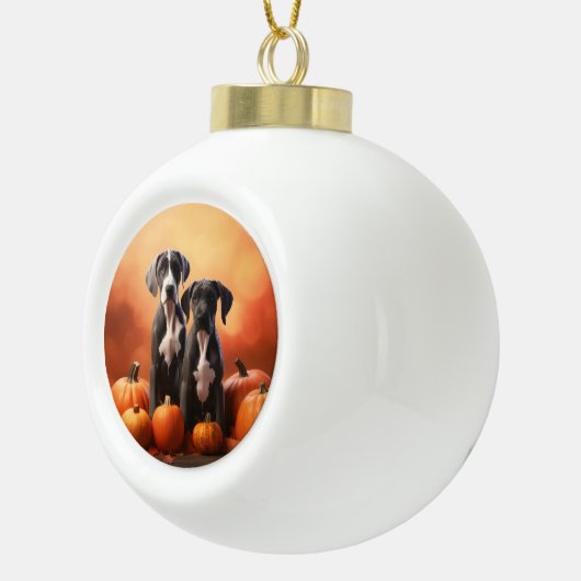 Grote Deen Puppy Herfst Delight Pompoen Keramische Bal Ornament (Rechts)