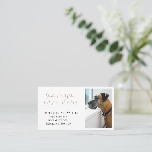 Grote Deen Sadly Looking Out Window voor Dog Walke Visitekaartje (Staand voorkant)