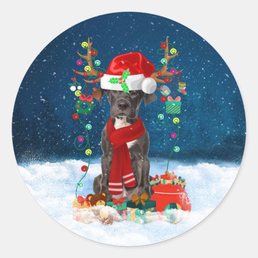 Grote Deense hond met kerstcadeaus Gooi Ronde Sticker (Voorkant)