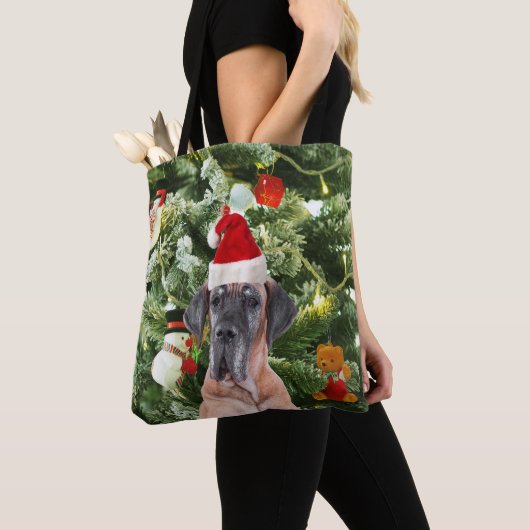 Grote Deense kerstboom geschenkdozen Santa Hat Tote Bag (Dichtbij)
