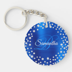Grote diamanten confetti koningsblauwe folie monog sleutelhanger