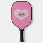Grote Diamanten Hart, Gouden Monogram, Naam, Roze Pickleball Paddle (Voorkant)