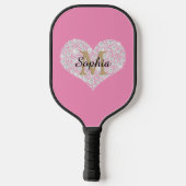 Grote Diamanten Hart, Gouden Monogram, Naam, Roze Pickleball Paddle (Achterkant)
