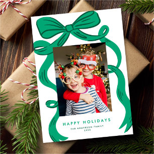 Grote, dikke, heldere groene strik Kerst foto Feestdagenkaart