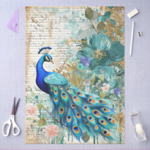 Grote Elegante Pauw, Bloemen & Script Decoupage Tissuepapier