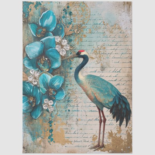 Grote Elegante Waterverf Bloemen & Kraan Decoupage Tissuepapier (Voorkant)