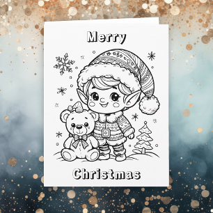 Grote elf en teddybeer kerstkleur me kaart