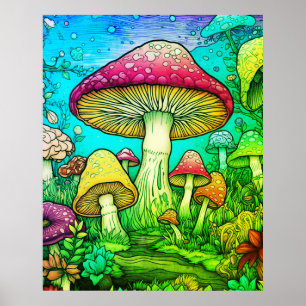 Grote en Kleine Paddenstoelen Zwarte Achtergrond A Poster