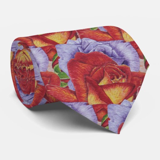 Grote en kleurrijke rode rozen overal bloemenmolen stropdas (Opgerold)