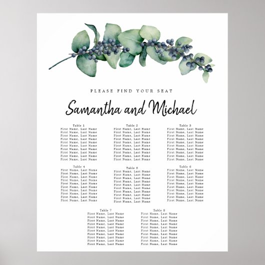 Grote Eucalyptus Botanische 8-tabel stoelenkaart Poster (Voorkant)