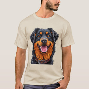 Grote, expressieve hond met een levendige, glanzen t-shirt