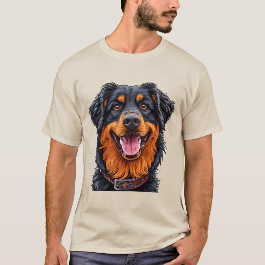 Grote, expressieve hond met een levendige, glanzen t-shirt (Voorkant)