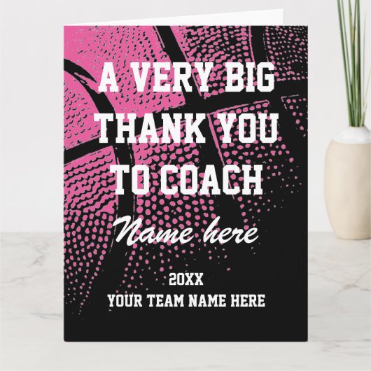 Grote, extra grote roze basketbalcoach bedankkaart (Voorkant)