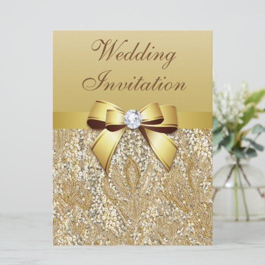 Grote Faux Gold Sequins en Bow Bruiloft Kaart (Staand voorkant)