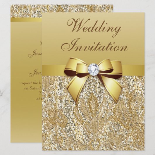 Grote Faux Gold Sequins en Bow Bruiloft Kaart (Voorkant / Achterkant)