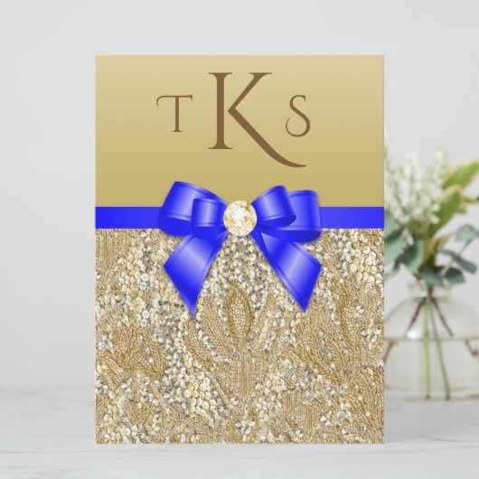 Grote Faux Gold Sequins Royal Blue Bow Weddenschap Kaart (Staand voorkant)