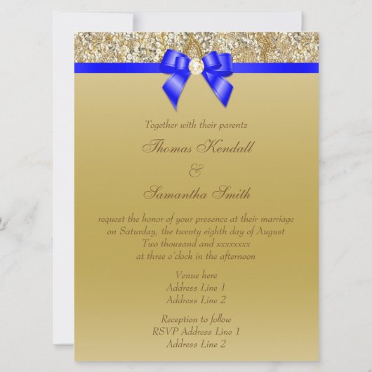 Grote Faux Gold Sequins Royal Blue Bow Weddenschap Kaart (Achterkant)