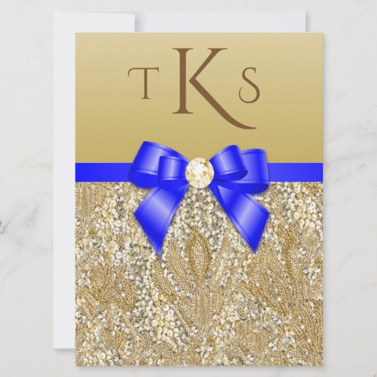 Grote Faux Gold Sequins Royal Blue Bow Weddenschap Kaart (Voorkant)