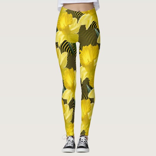 Grote Floral Daffodils Wavy Yellow Stripe Black Leggings (Voorkant)