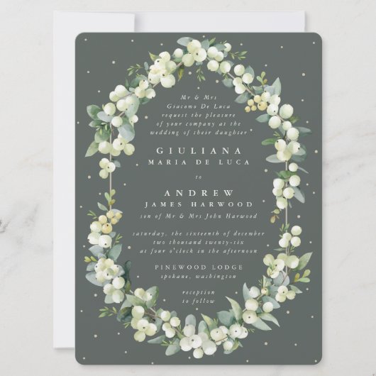 Grote formele groene sneeuwbes + eucalyptus bruilo kaart (Voorkant)