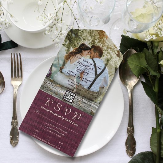 Grote foto Bourgondische diamant patroon QR-code All In One Uitnodiging