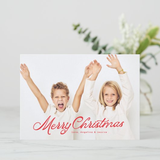 Grote foto rode belettering overlay Vrolijk kerstf Feestdagenkaart (Staand voorkant)