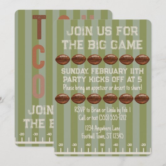 Grote Game Bowl Game Groen Football Field Party Kaart (Voorkant / Achterkant)