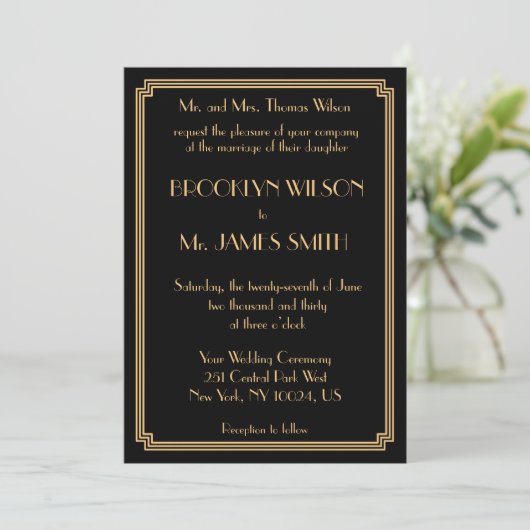 Grote Gatsby Art Deco Black Gold Wedding nodigt Kaart (Staand voorkant)