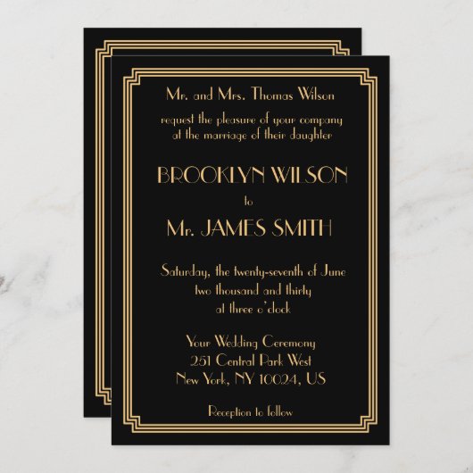Grote Gatsby Art Deco Black Gold Wedding nodigt Kaart (Voorkant / Achterkant)