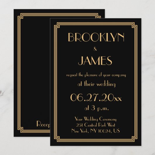 Grote Gatsby Art Deco Black Wedding Invitations Kaart (Voorkant / Achterkant)