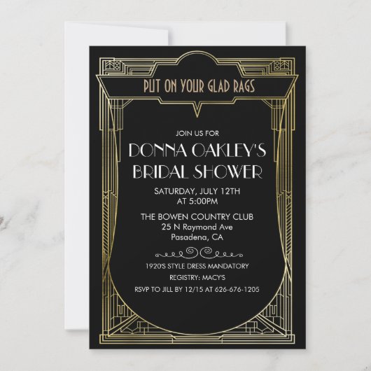Grote Gatsby Art Deco Bridal Shower Uitnodiging (Voorkant)