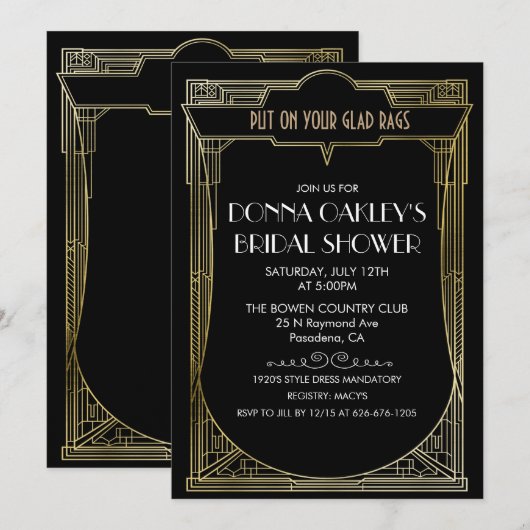 Grote Gatsby Art Deco Bruidsfeest Uitnodiging (Voorkant / Achterkant)