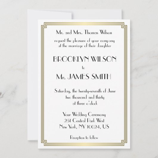 Grote Gatsby Art Deco Gold White Wedding Invites Kaart (Voorkant)