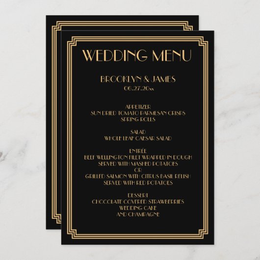 Grote Gatsby Art Deco Goud Zwart Trouwmenu Menu (Voorkant / Achterkant)