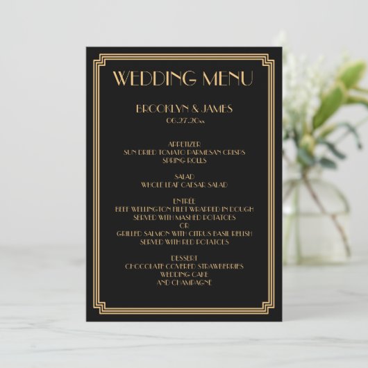 Grote Gatsby Art Deco Goud Zwart Trouwmenu Menu (Staand voorkant)