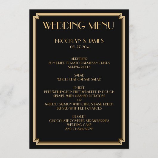 Grote Gatsby Art Deco Goud Zwart Trouwmenu Menu (Voorkant)