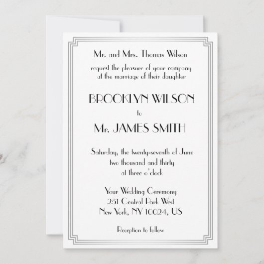 Grote Gatsby Art Deco Silver White Wedding Invites Kaart (Voorkant)