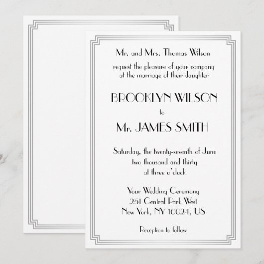 Grote Gatsby Art Deco Silver White Wedding Invites Kaart (Voorkant / Achterkant)