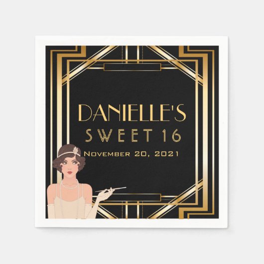 Grote Gatsby Art Deco Sweet 16 Gepersonaliseerd se Servetten (Voorkant)